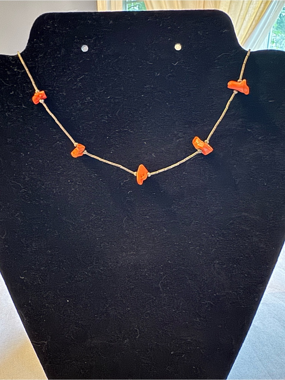 Vintage Liquid Silver & Coral Chip Station Necklace 16”